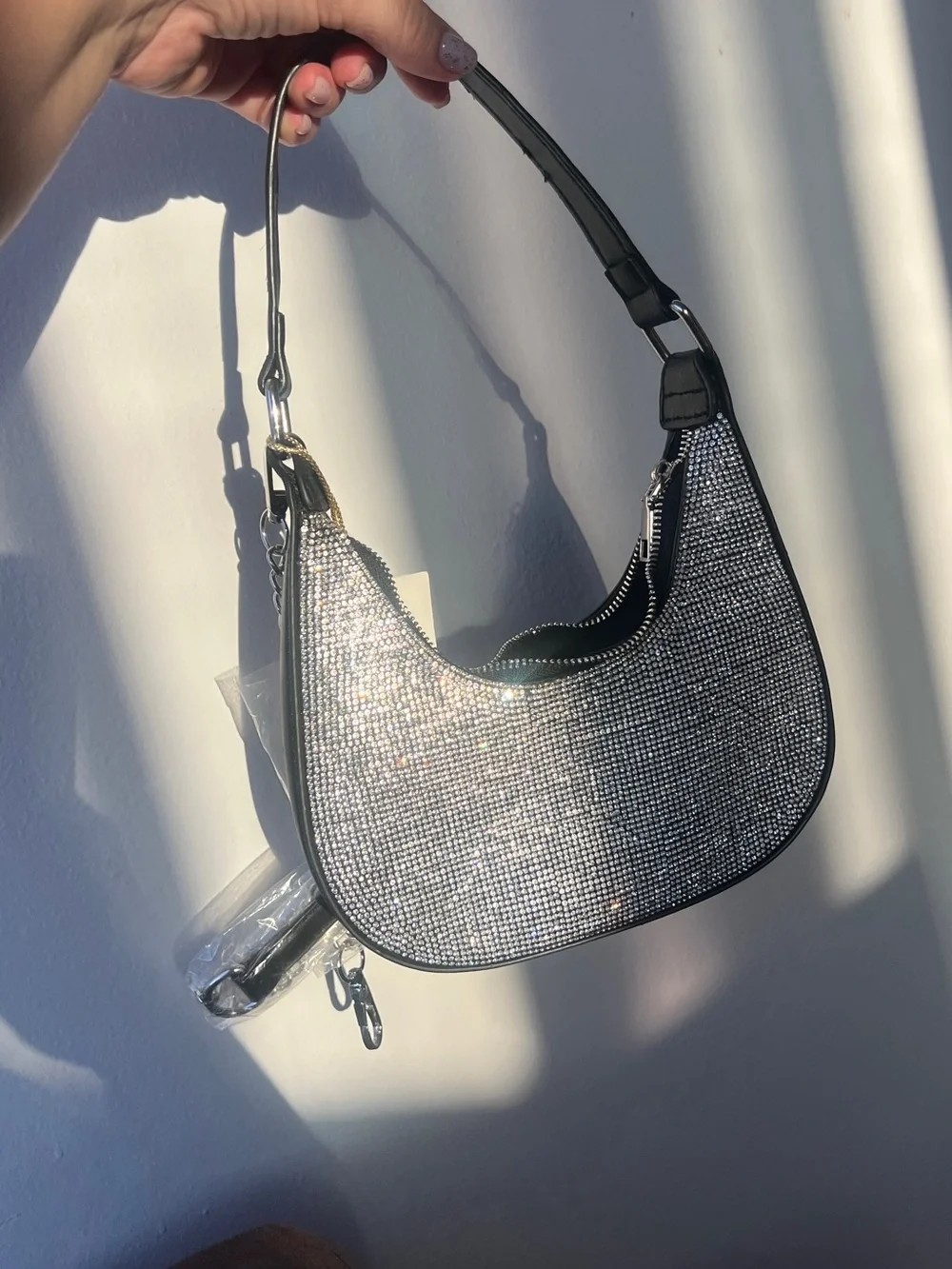 Black Crystal-Embellished Shoulder Rhinestone Crescent Shoulder Bag – Sparkly